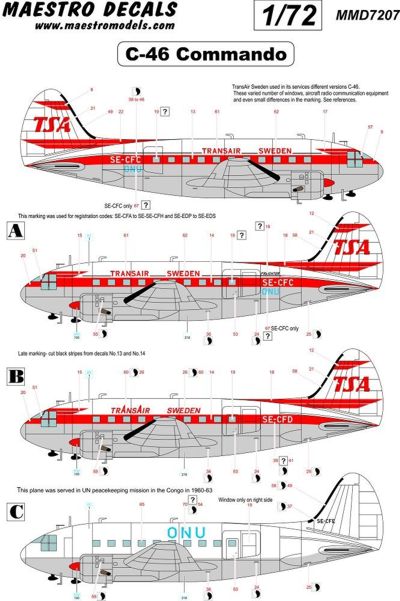 Maestro Models MMMD7207 1:72 Curtiss C-46 Commando decal TransAir