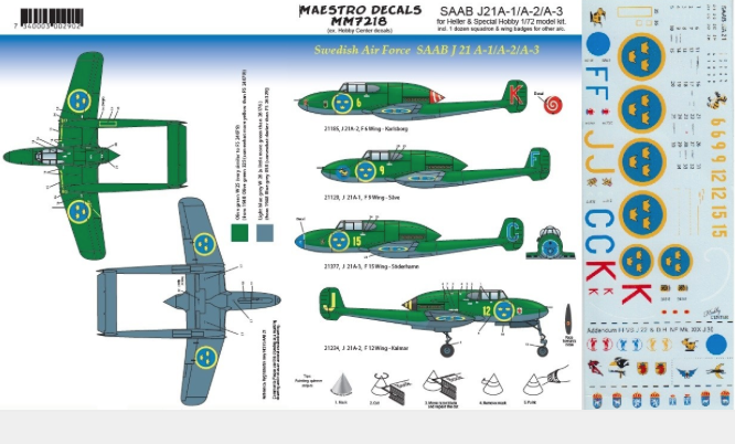 Maestro Models MMMD7218 1:72 Saab J21A-1/A-2/A-3 decals
