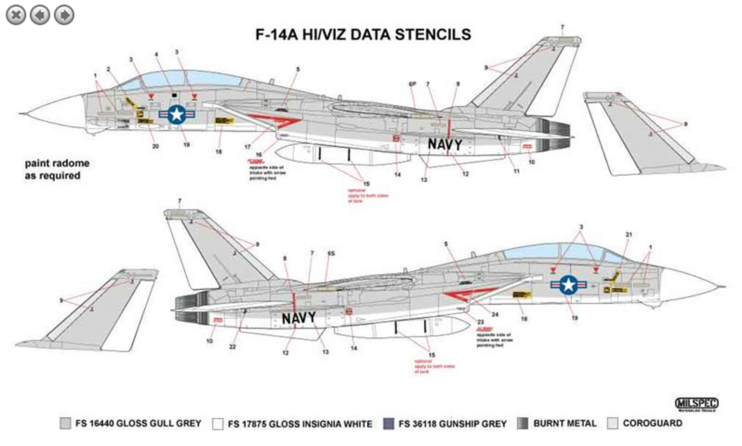 Milspec MPEC32004 1:32 Grumman F-14A Tomcat HI/VIZ DATA STENCILS