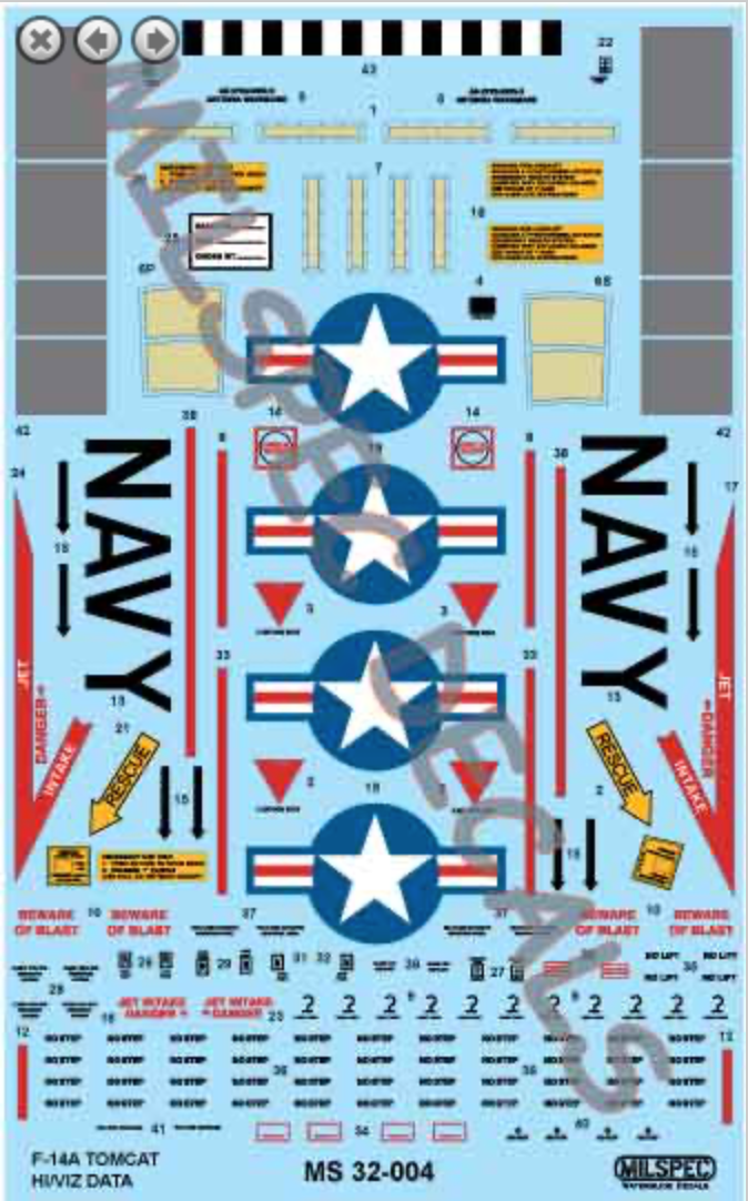 Milspec MPEC32004 1:32 Grumman F-14A Tomcat HI/VIZ DATA STENCILS