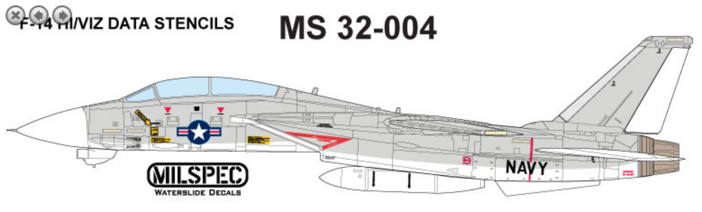 Milspec MPEC32004 1:32 Grumman F-14A Tomcat HI/VIZ DATA STENCILS
