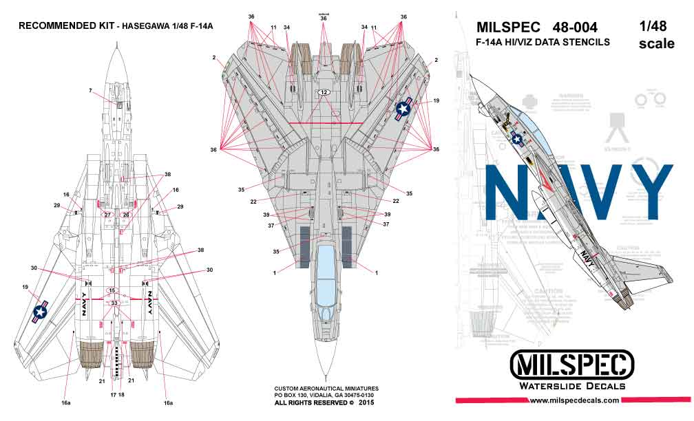 Milspec MPEC48004 1:48 Grumman F-14A Tomcat HI/VIZ DATA STENCILS
