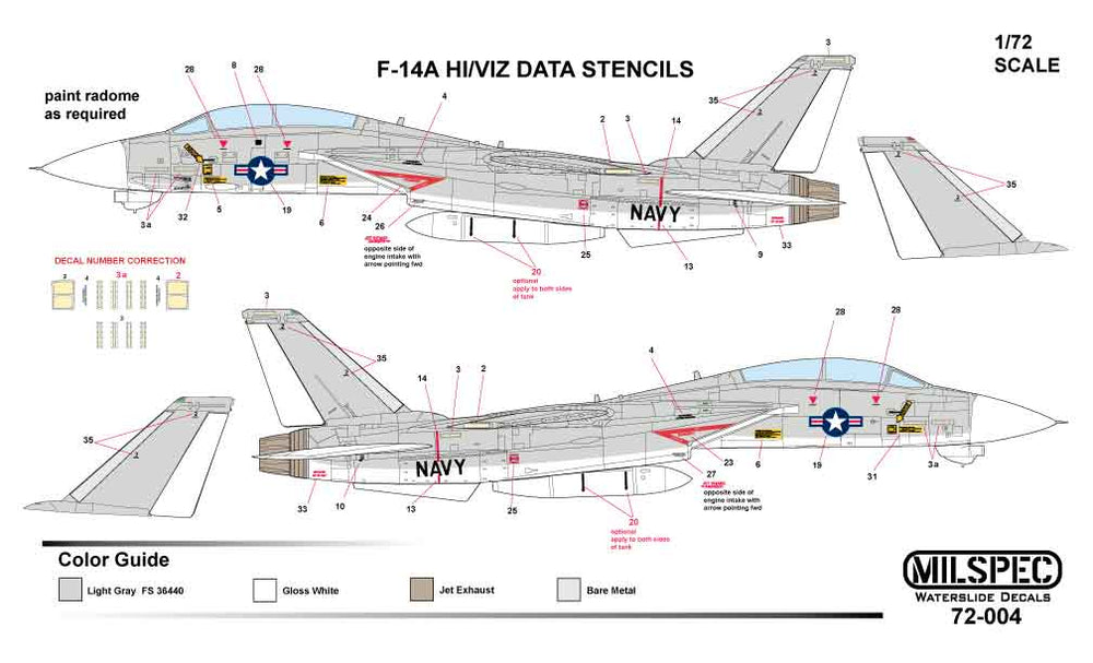 Milspec MPEC72004 1:72 Grumman F-14A Tomcat HI/VIZ DATA STENCILS