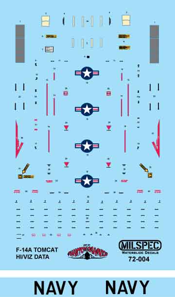 Milspec MPEC72004 1:72 Grumman F-14A Tomcat HI/VIZ DATA STENCILS