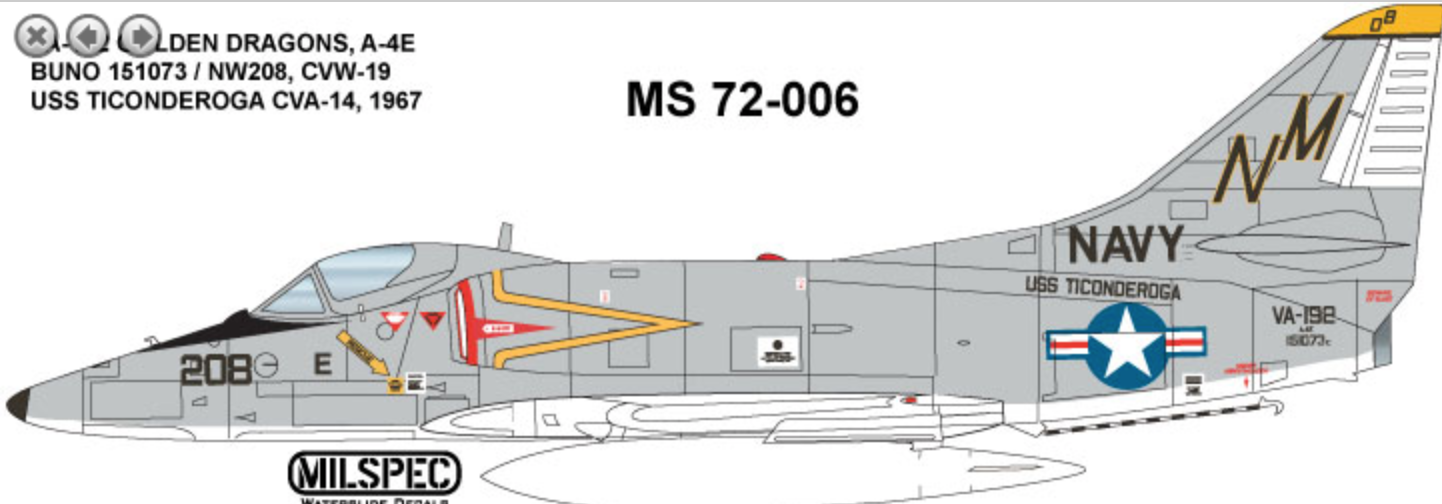 Milspec MPEC72006 1:72 Douglas A-4E Skyhawk VA-192 GOLDEN DRAGONS 1967