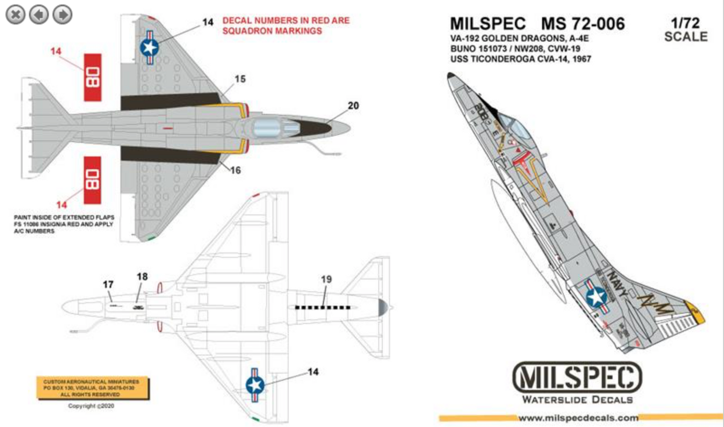 Milspec MPEC72006 1:72 Douglas A-4E Skyhawk VA-192 GOLDEN DRAGONS 1967