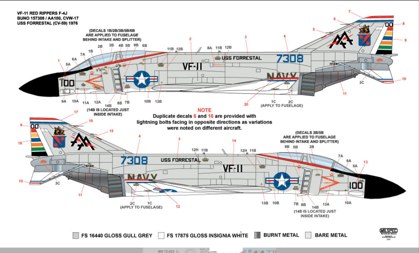 Milspec MPEC72022 1:72 McDonnell F-4J Phantom VF-11 RED RIPPERS 1976