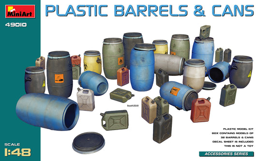 MiniArt MT49010 Plastic Barrels & Cans (32pc) w/Decals 1:48