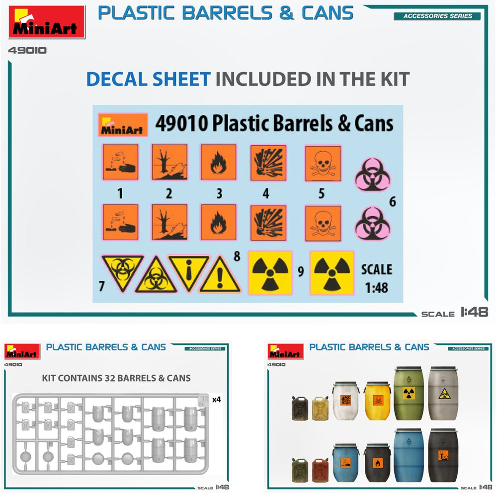 MiniArt MT49010 Plastic Barrels & Cans (32pc) w/Decals 1:48