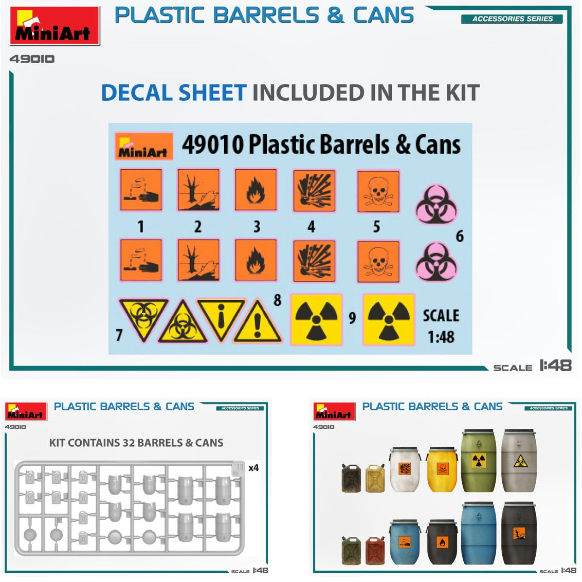 MiniArt MT49010 Plastic Barrels & Cans (32pc) w/Decals 1:48