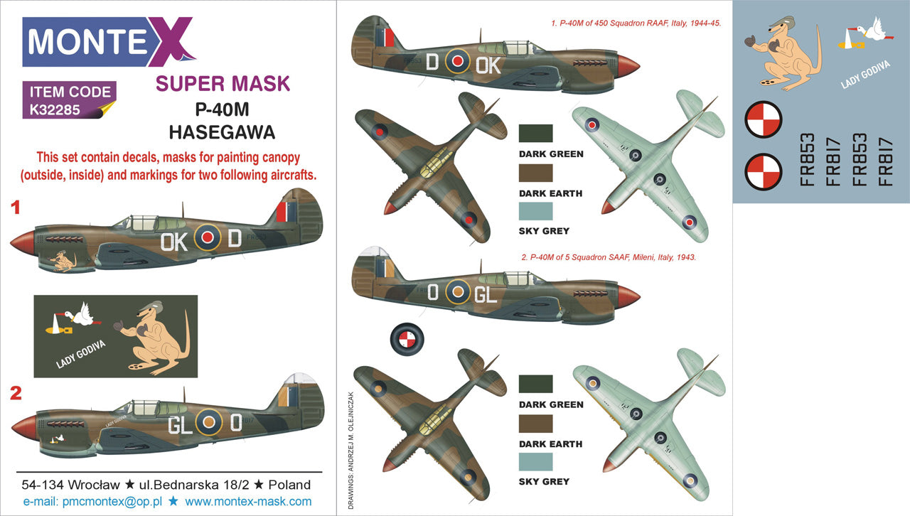Montex MXK32285 1:32 Curtiss P-40M Warhawk 2 canopy frame paint mask