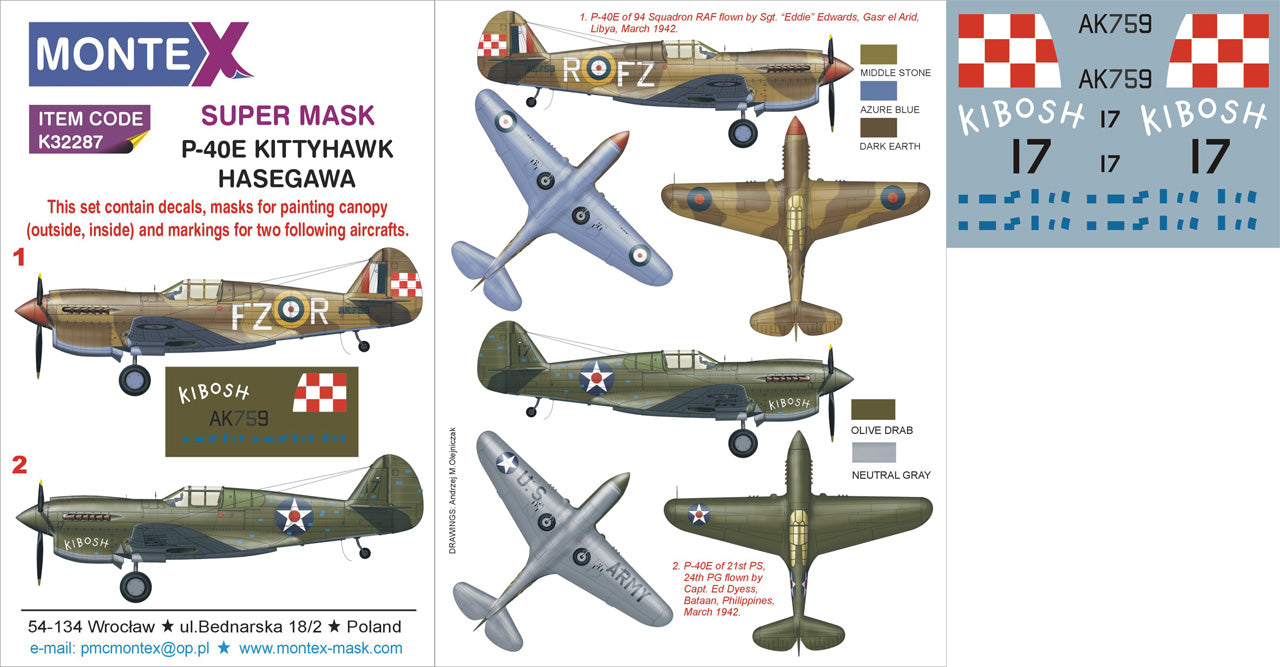 Montex MXK32287 1:32 Curtiss P-40E Kittyhawk 2 canopy frame paint mask