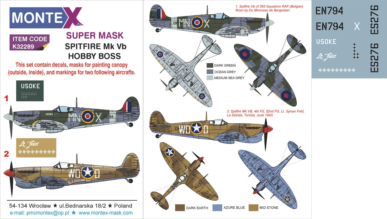 Montex MXK32289 1:32 Supermarine Spitfire Mk.Vb 2 canopy frame paint mask