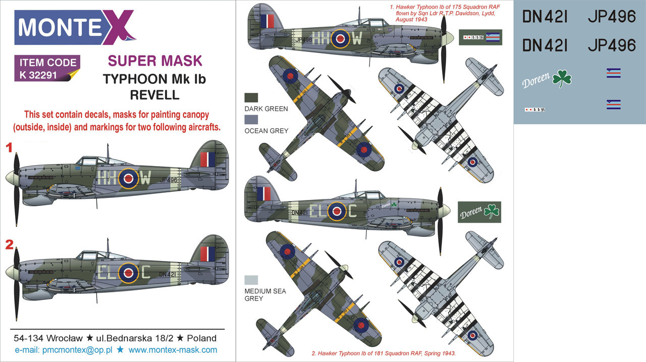 Montex MXK32291 1:32 Hawker Typhoon Mk.IB car door version 2 canopy mask