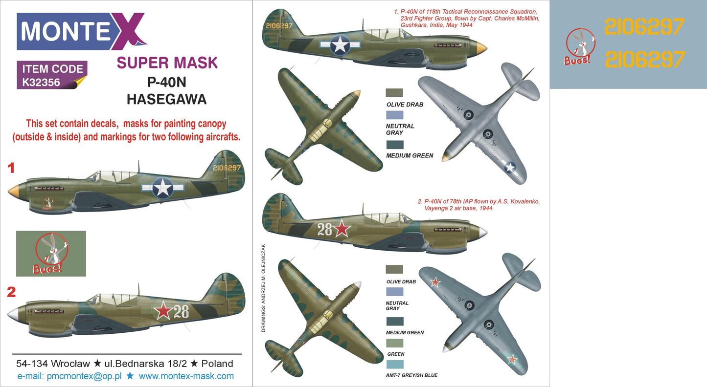 Montex MXK32356 1:32 Curtiss P-40N Warhawk 2 canopy mask