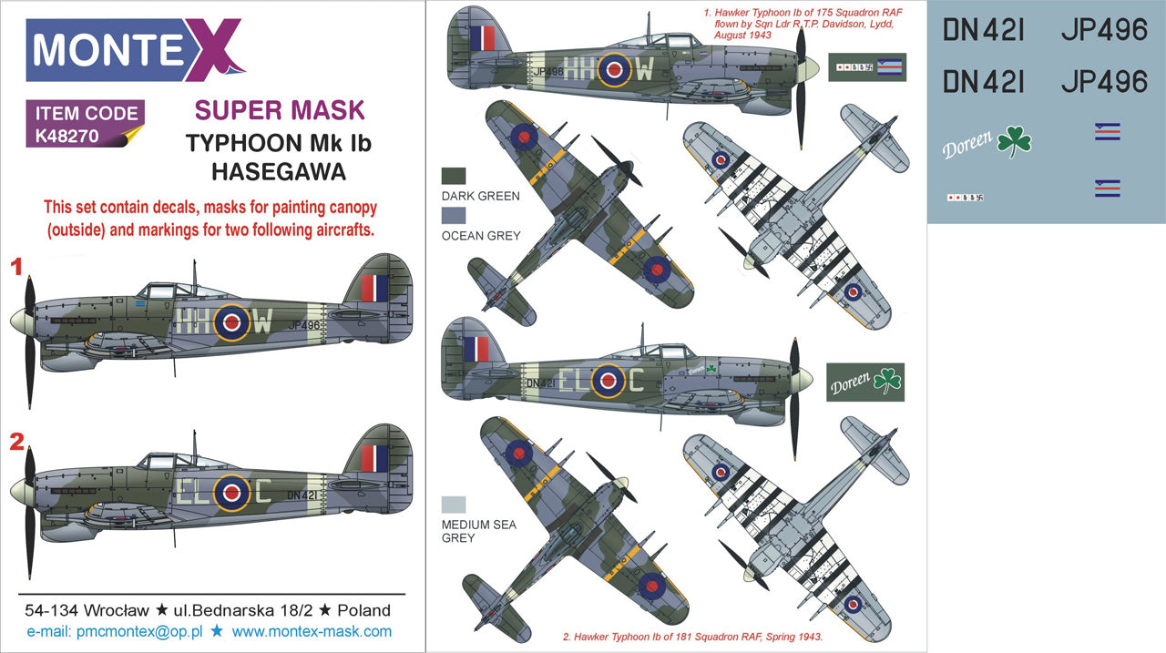 Montex MXK48270 1:48 Hawker Typhoon Mk.Ib car door version 2 canopy mask