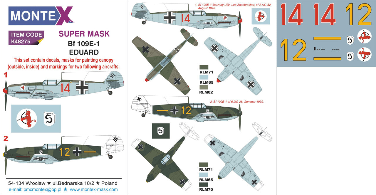 Montex MXK48275 1:48 Messerschmitt Bf-109E-1 2 canopy frame paint mask