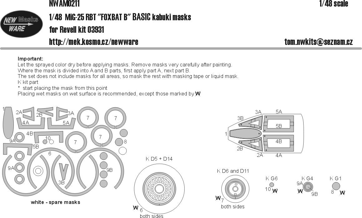 New Ware NWAM0211 1:48 MiG-25RBT Foxbat B Basic Kabuki Masks