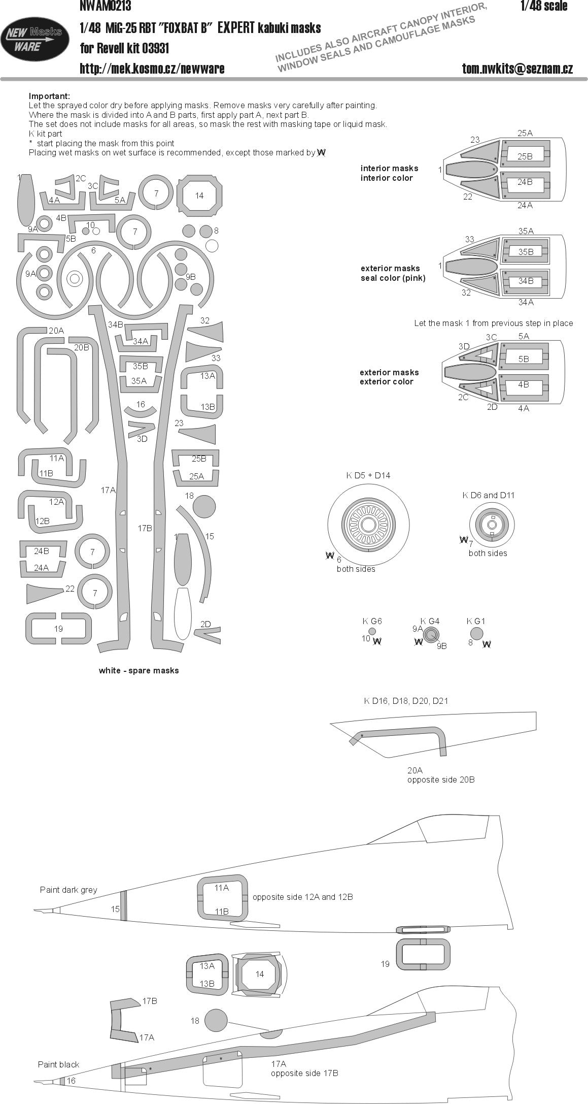 New Ware NWAM0213 1:48 MiG-25RBT Foxbat B Expert Kabuki Masks