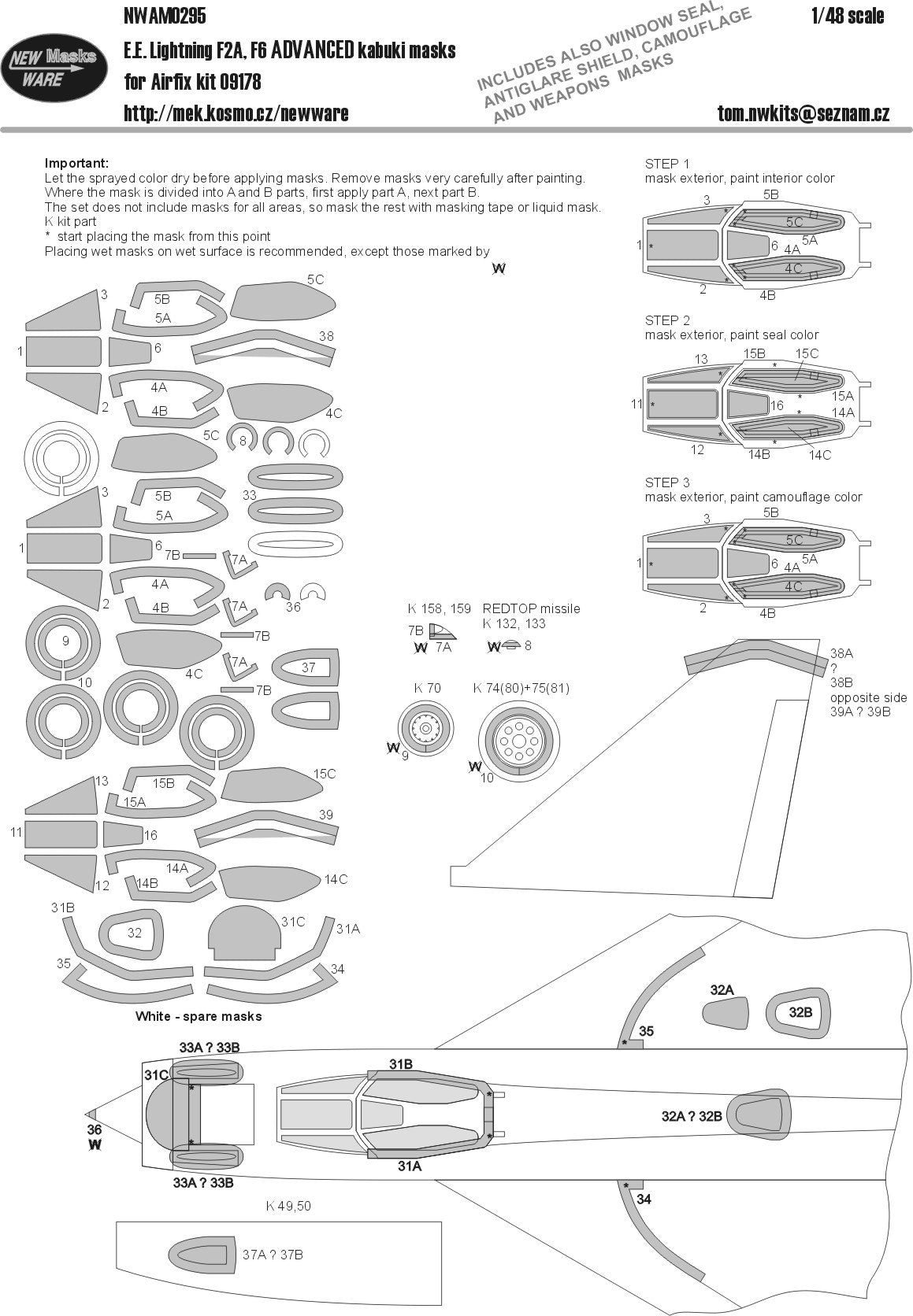 New Ware NWAM0295 1:48 Lightning F.2A/F.6 Advanced Kabuki Masks