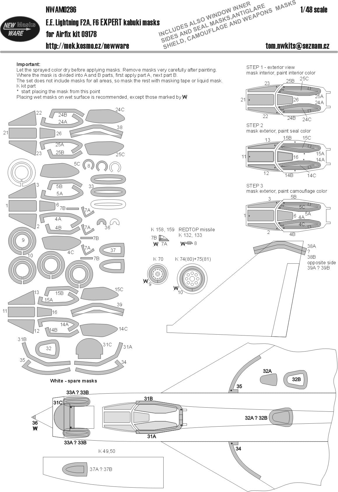 New Ware NWAM0296 1:48 Lightning F.2A/F.6 Expert Kabuki Masks