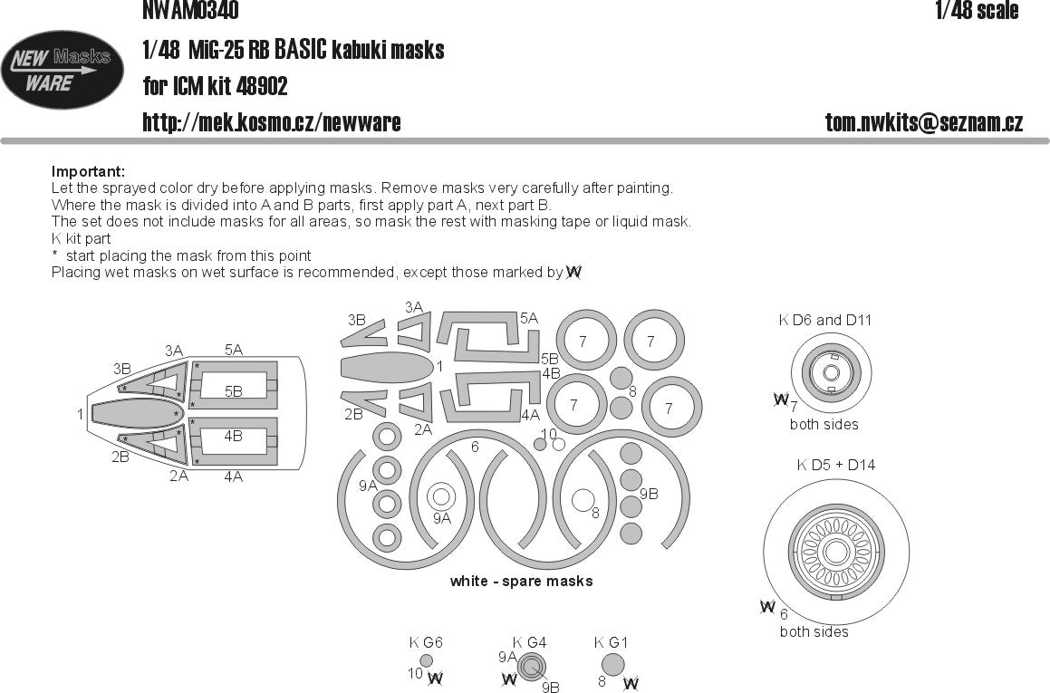 New Ware NWAM0340 1:48 Mikoyan MiG-25RB BASIC kabuki masks canopy wheels