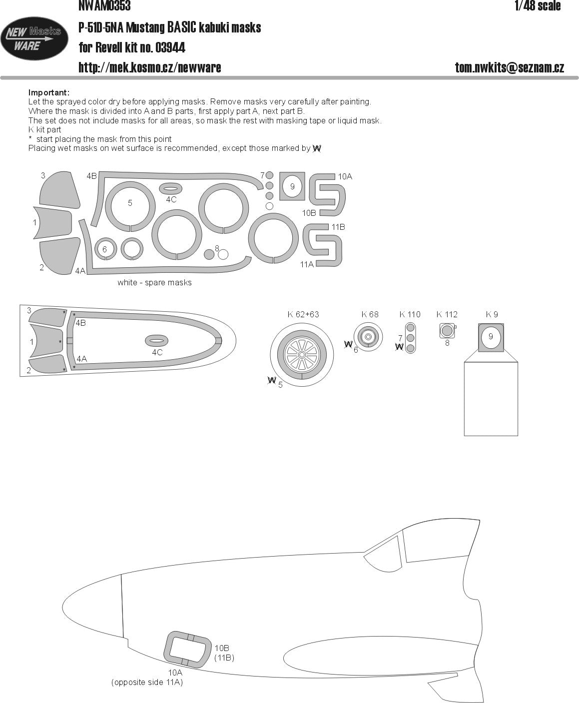 New Ware NWAM0353 1:48 P-51D-5NA Mustang Basic Kabuki Masks