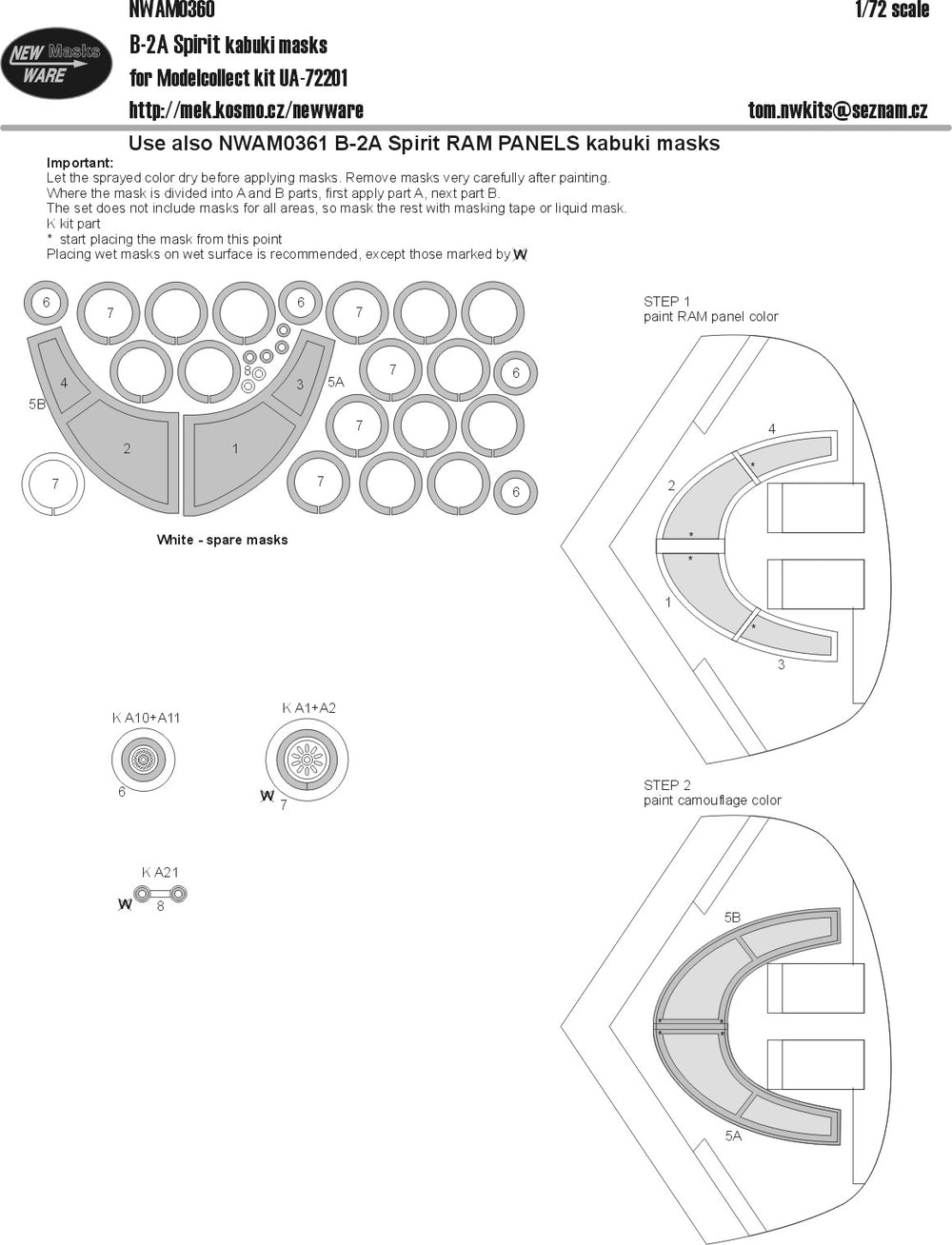New Ware NWAM0360 1:72 B-2A Spirit Stealth Bomber Kabuki Masks