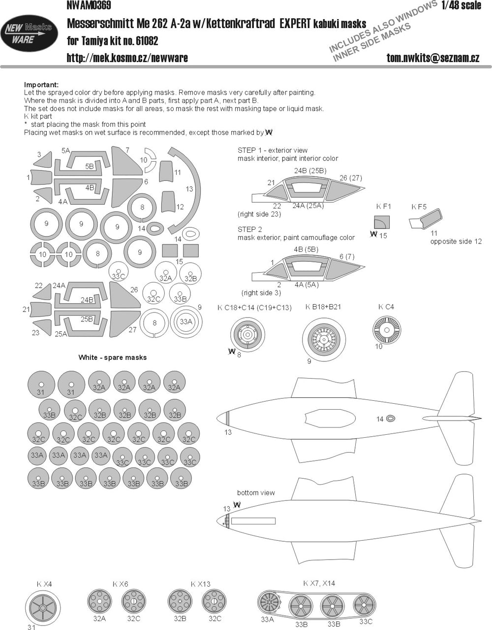 New Ware NWAM0369 1:48 Me-262A-1a w/Kettenkraftrad Expert Masks