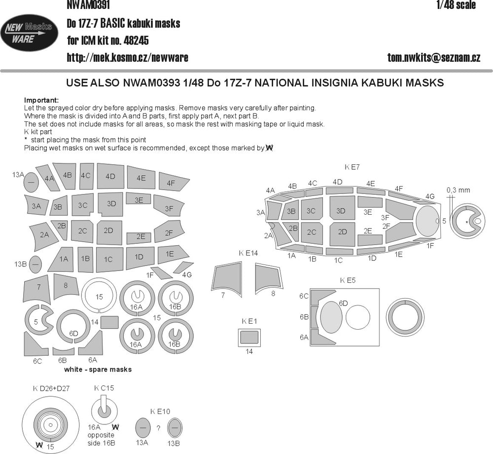 New Ware NWAM0391 1:48 Dornier Do-17Z-7 Basic Kabuki Masks