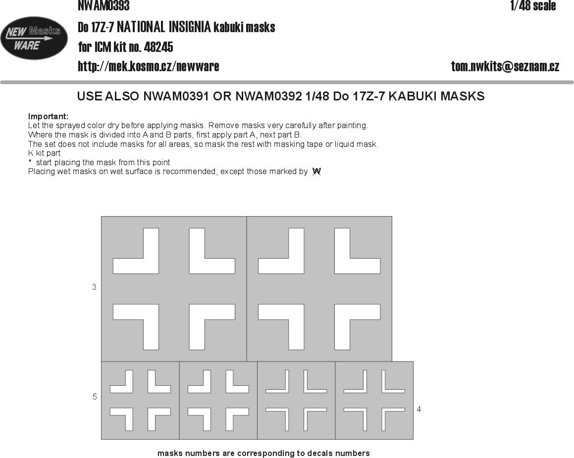 New Ware NWAM0393 1:48 Dornier Do-17Z-7 National Insignia Masks