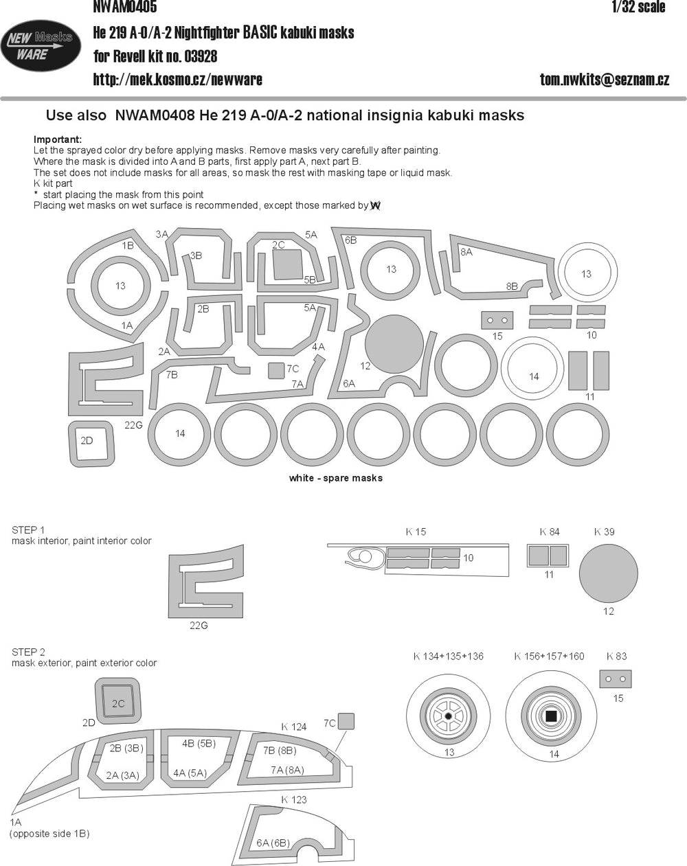 New Ware NWAM0405 1:32 He-219A-0 Nightfighter Basic Kabuki Masks