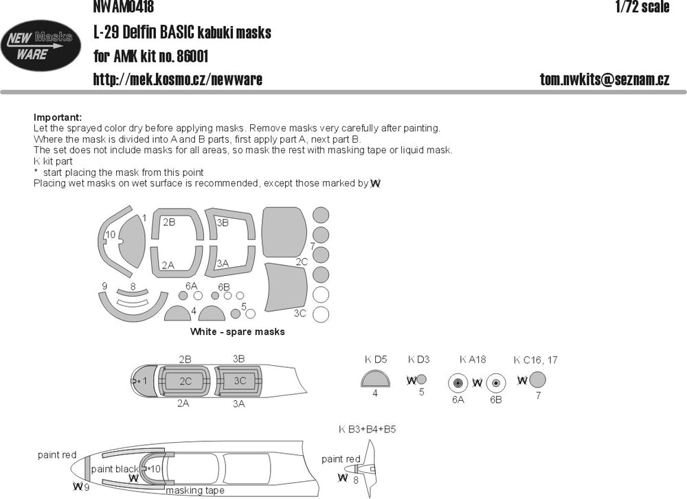 New Ware NWAM0418 1:72 Aero L-29 Delfin Basic Kabuki Masks