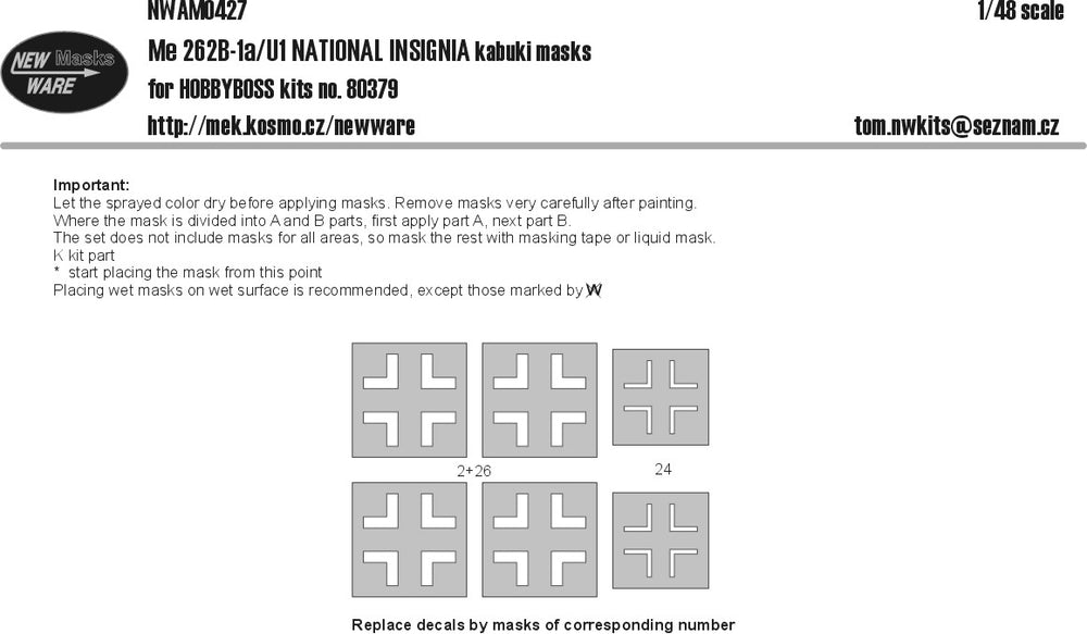 New Ware NWAM0427 1:48 Messerschmitt Me-262 B-1a/U1 National Insignia masks
