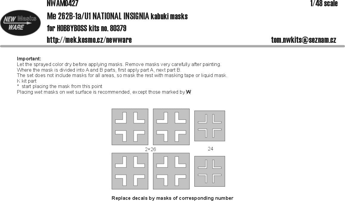 New Ware NWAM0427 1:48 Messerschmitt Me-262 B-1a/U1 National Insignia masks
