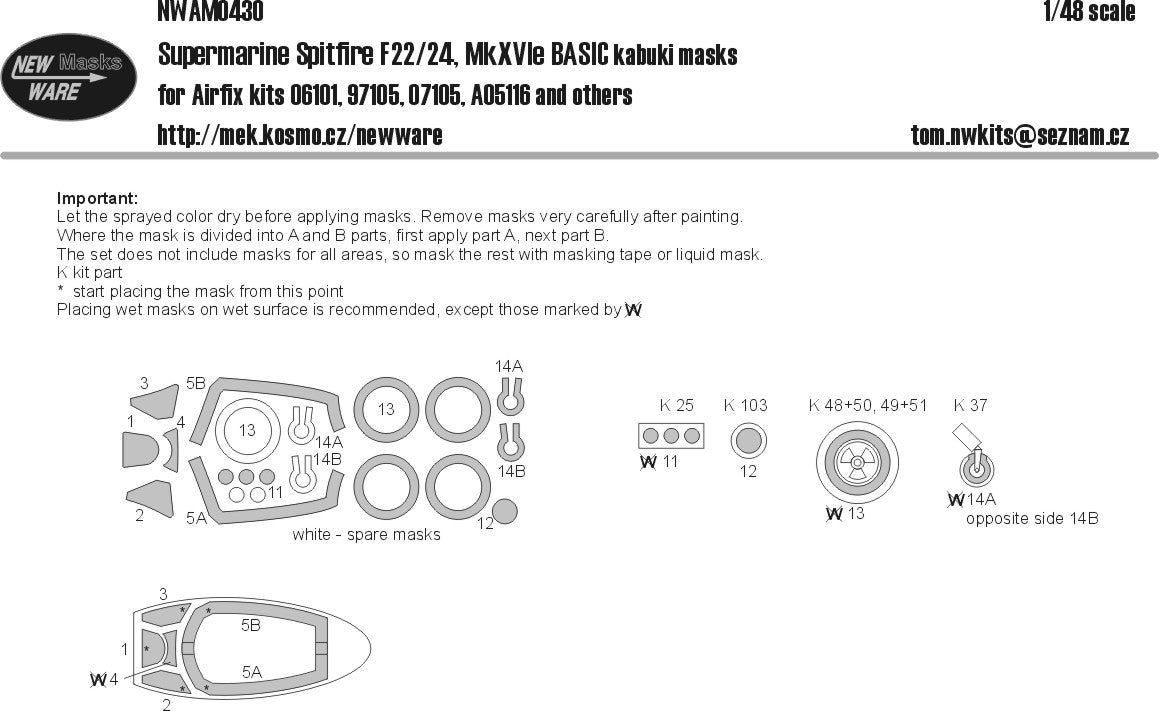 New Ware NWAM0430 1:48 Spitfire Mk.22/24/XVIe Basic Kabuki Masks