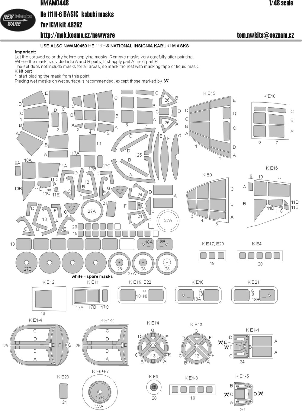 New Ware NWAM0448 1:48 Heinkel He-111H-6 BASIC kabuki masks all windows, wheels