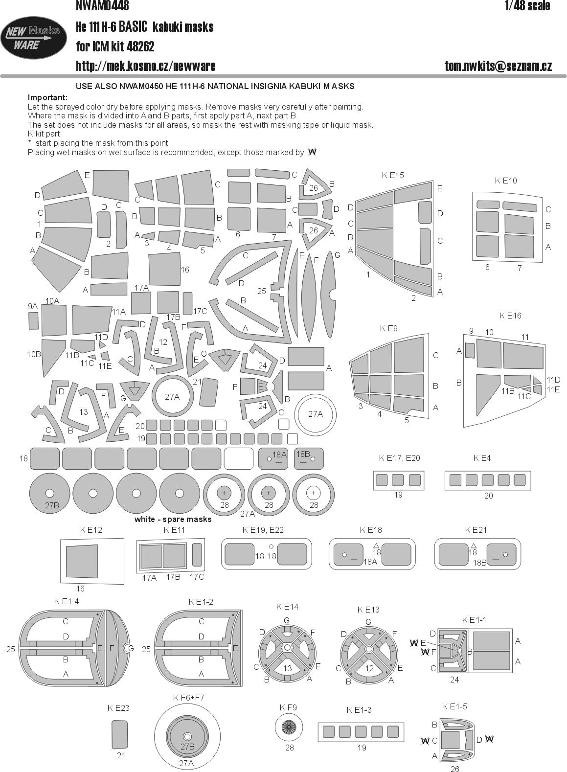 New Ware NWAM0448 1:48 Heinkel He-111H-6 BASIC kabuki masks all windows, wheels