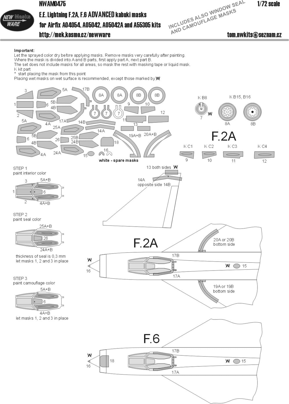 New Ware NWAM0475 1:72 Lightning F.2A/F.6 Advanced Kabuki Masks