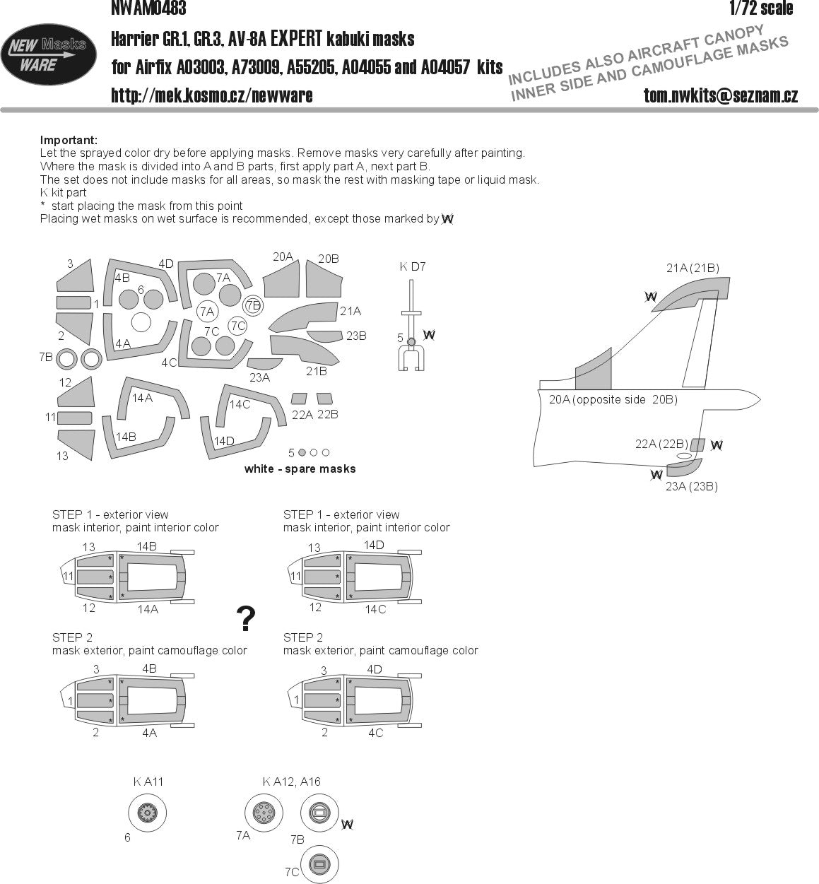 New Ware NWAM0483 1:72 Harrier GR.1/GR.3/AV-8A Expert Kabuki Masks