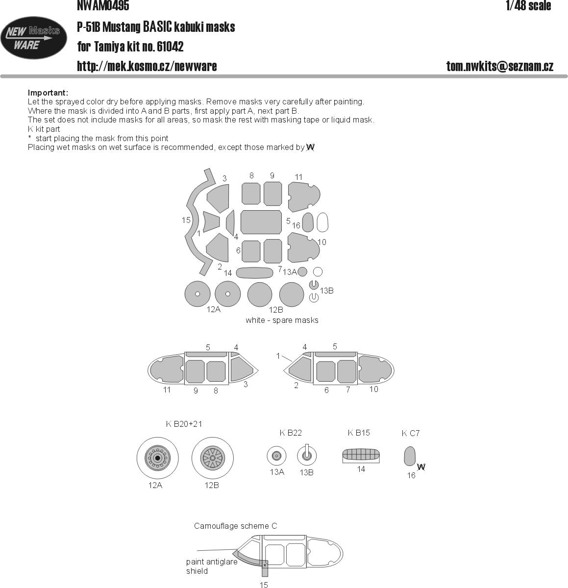 New Ware NWAM0495 1:48 P-51B Mustang Basic Kabuki Masks