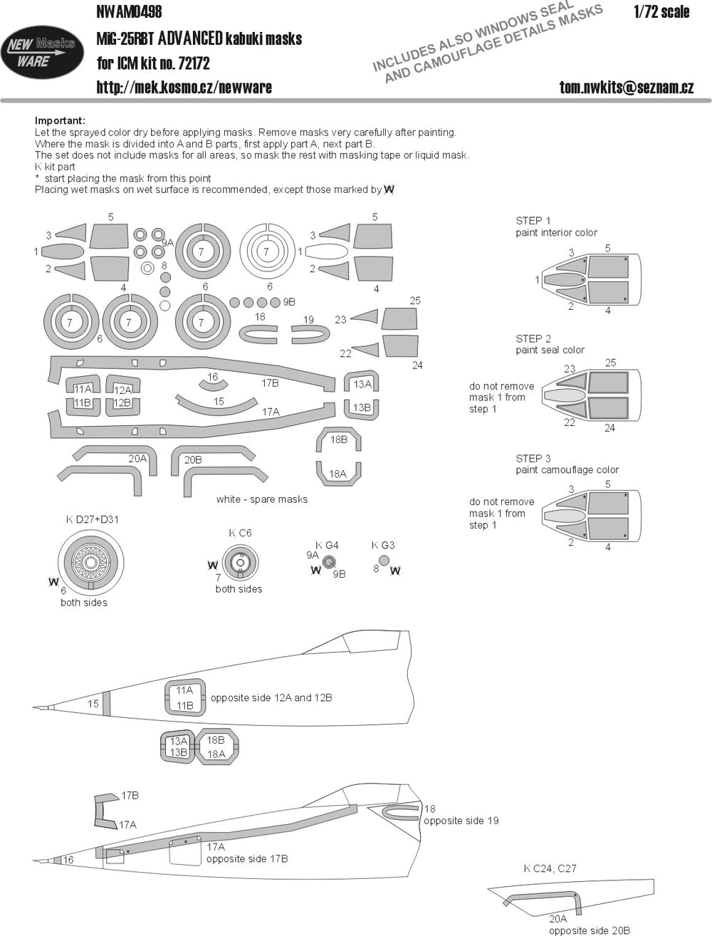 New Ware NWAM0498 1:72 MiG-25RBT Advanced Kabuki Masks
