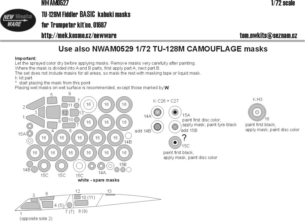 New Ware NWAM0527 1:72 Tupolev Tu-128M Fiddler basic kabuki masks windows wheels