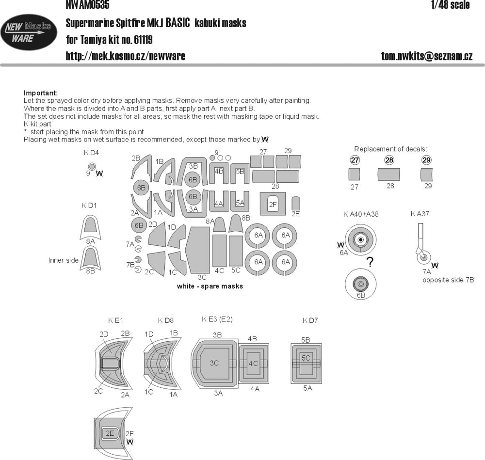 New Ware NWAM0535 1:48 Spitfire Mk.I Basic Kabuki Masks
