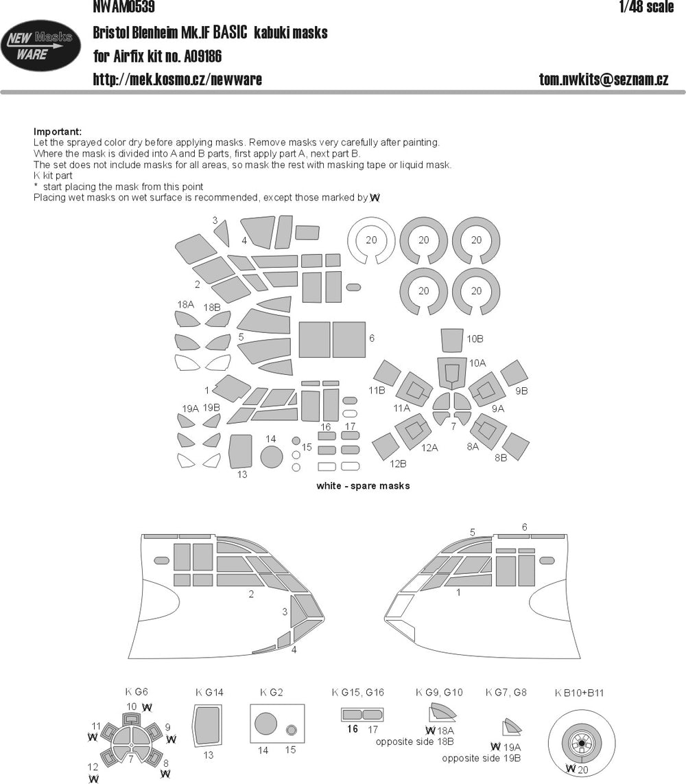 New Ware NWAM0539 1:48 Bristol Blenheim Mk.IF Basic Kabuki Masks
