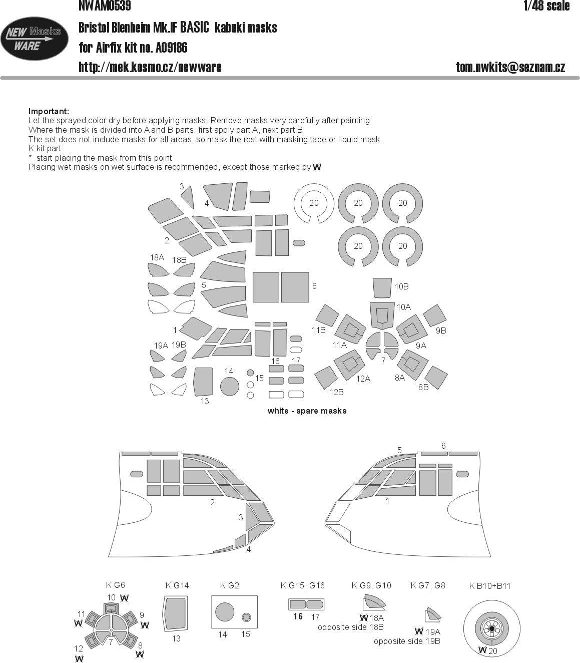 New Ware NWAM0539 1:48 Bristol Blenheim Mk.IF Basic Kabuki Masks