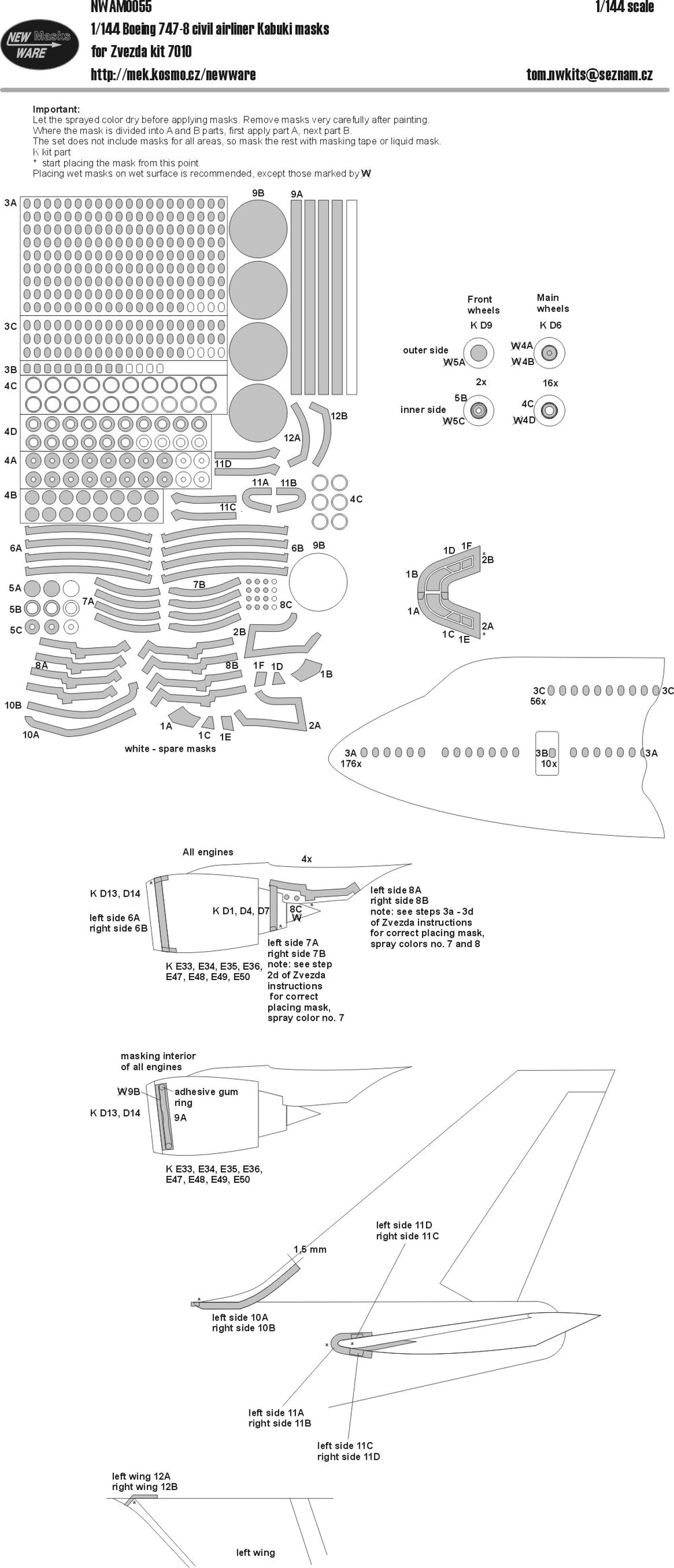 New Ware NWAM0055 1:144 Boeing 747-8 Cabin Window & Engine Masks