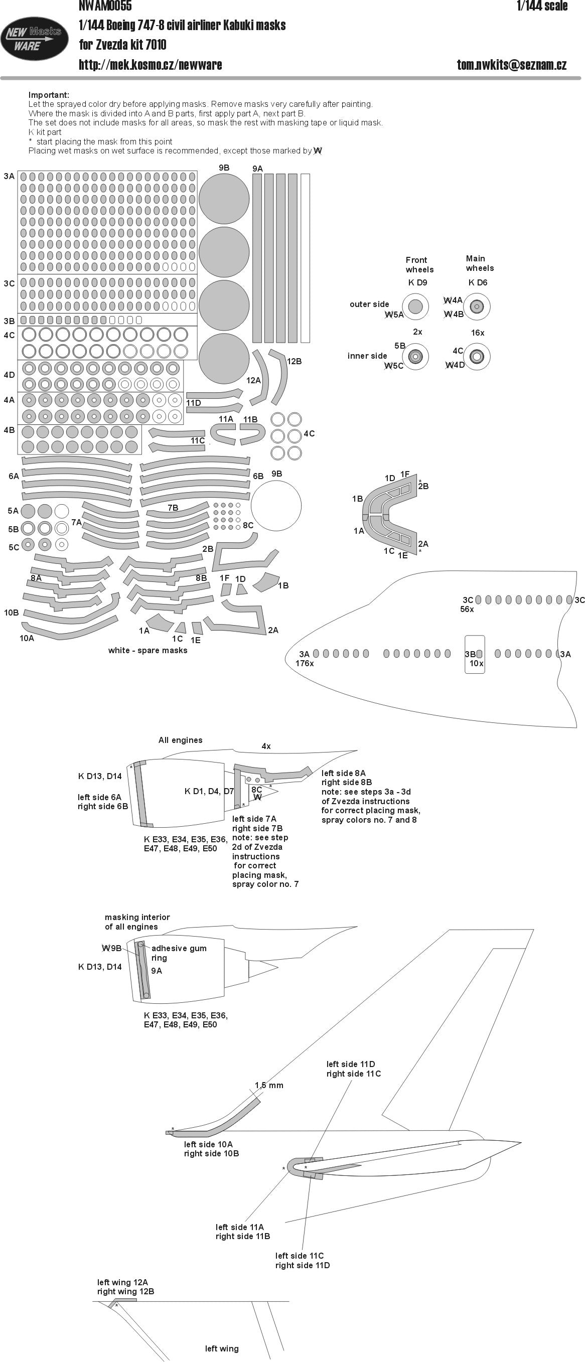 New Ware NWAM0055 1:144 Boeing 747-8 Cabin Window & Engine Masks
