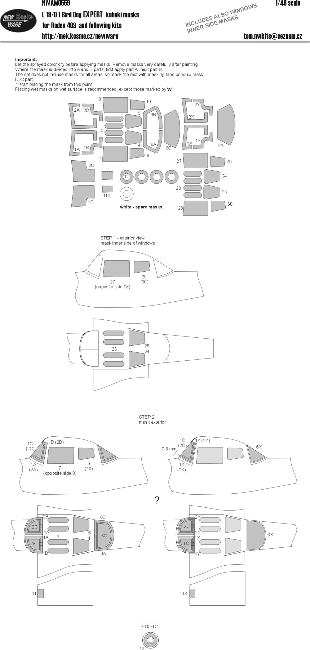 New Ware NWAM0559 1:48 Cessna L-19/O-1 Bird Dog Expert Kabuki Masks