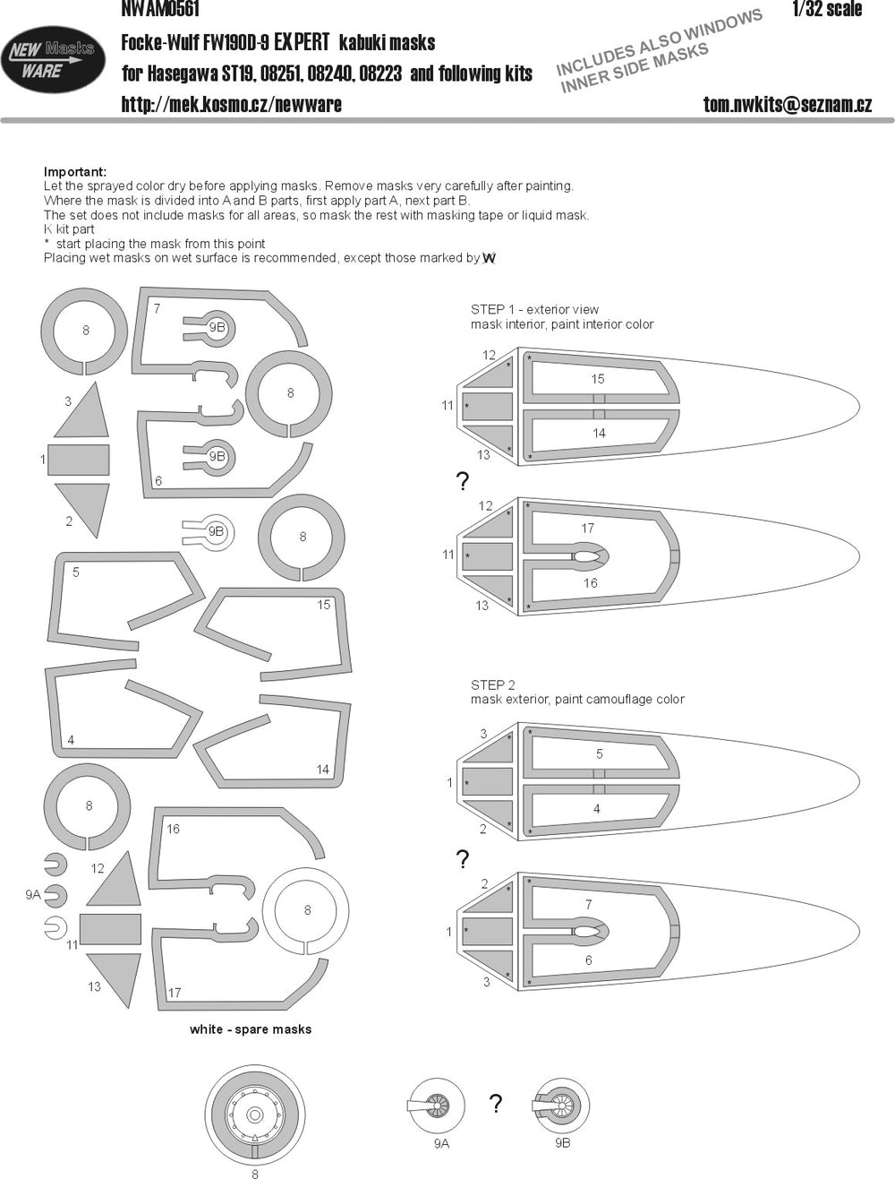 New Ware NWAM0561 1:32 Focke-Wulf Fw-190D-9 EXPERT kabuki masks aircraft canopy
